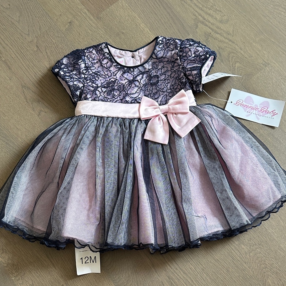 Bonnie Baby Elegant Lace Baby Dress with Bow